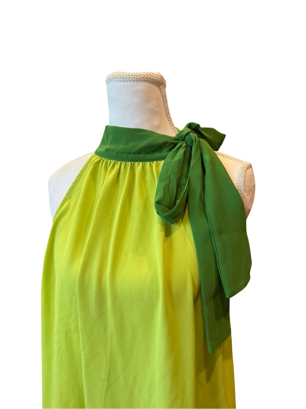 Y2K Sweet Pea for New York & Company Lime Green Halter Tie Neck Tunic Top Size L - Picture 3 of 9